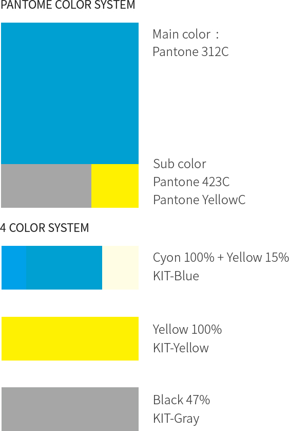 PANTOME COLOR SYSTEM : Main color: Pantone 312C, Sub color Pantone 423C Pantone YellowC, 4 COLOR SYSTEM : Cyon 100% + Yellow 15% (KIT-Blue), Yellow 100% (KIT-Yellow), Black 47% (KIT-Gray)